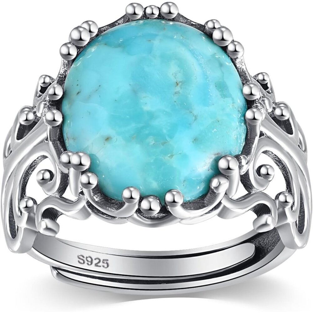 Vintage Turquoise Silver Ring for Women, Adjustable 6-9, Unique Oval Gem